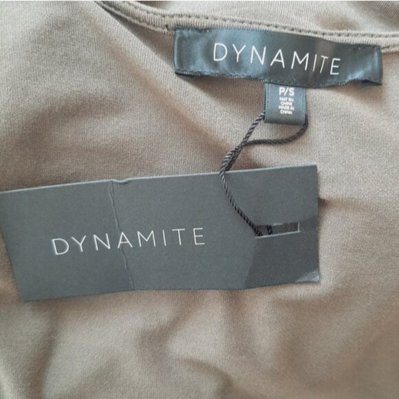 DYNAMITE Faux Wrap Soft Draped Gathered Sleeveless Stretch Mini Dress Taupe Sz S - Picture 11 of 13